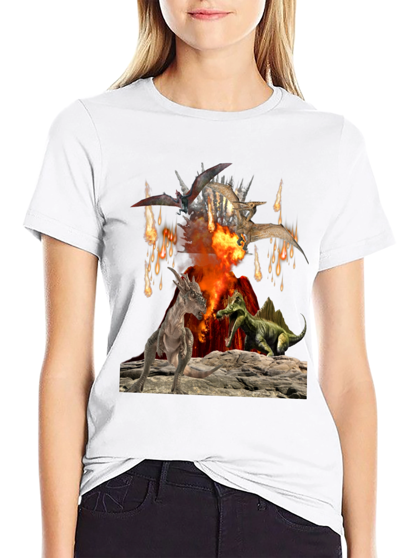 Dinosaur Volcano Mens Graphic T-Shirt