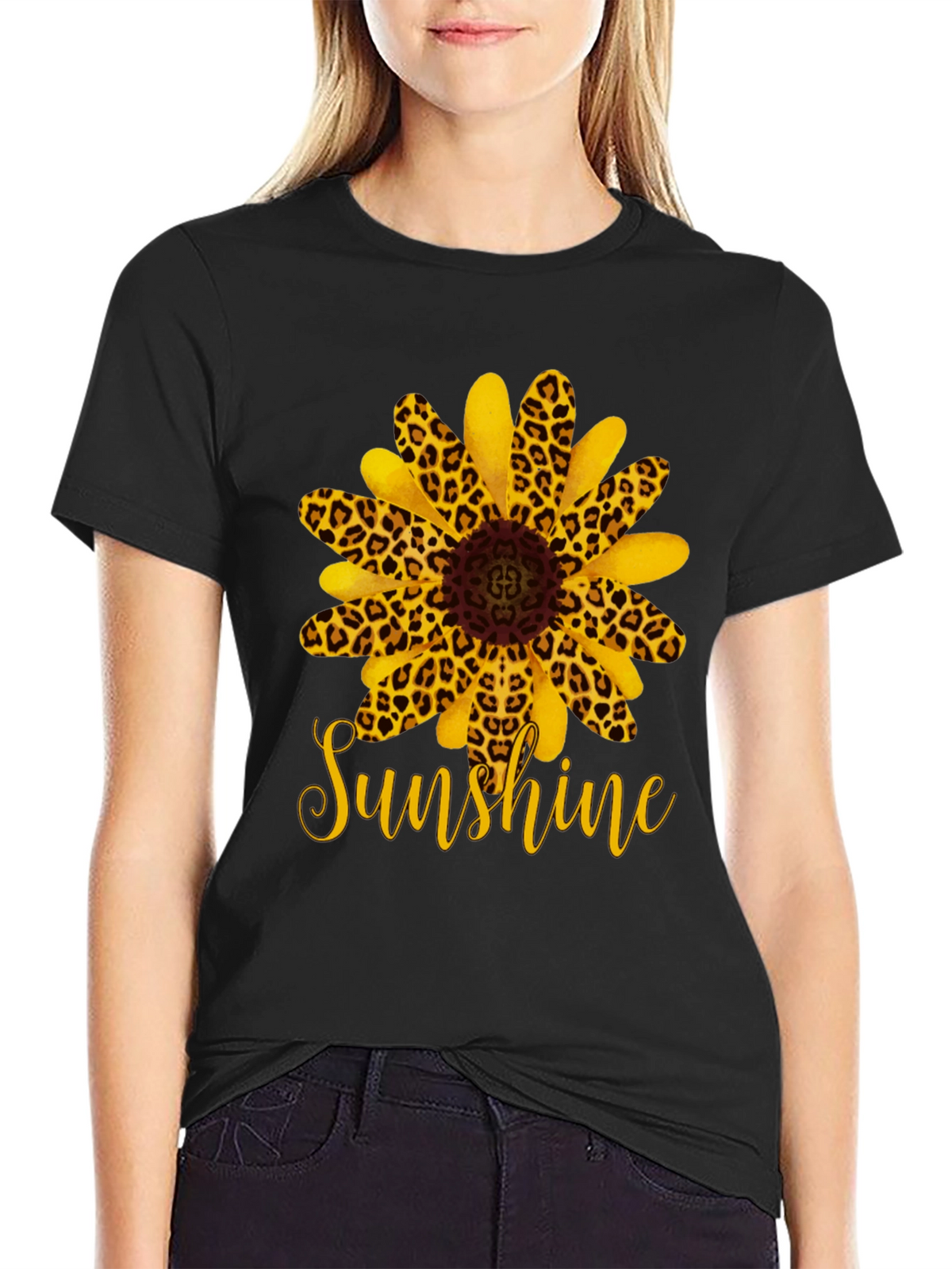 Leopard Sunflower Sunshine Black T-Shirt