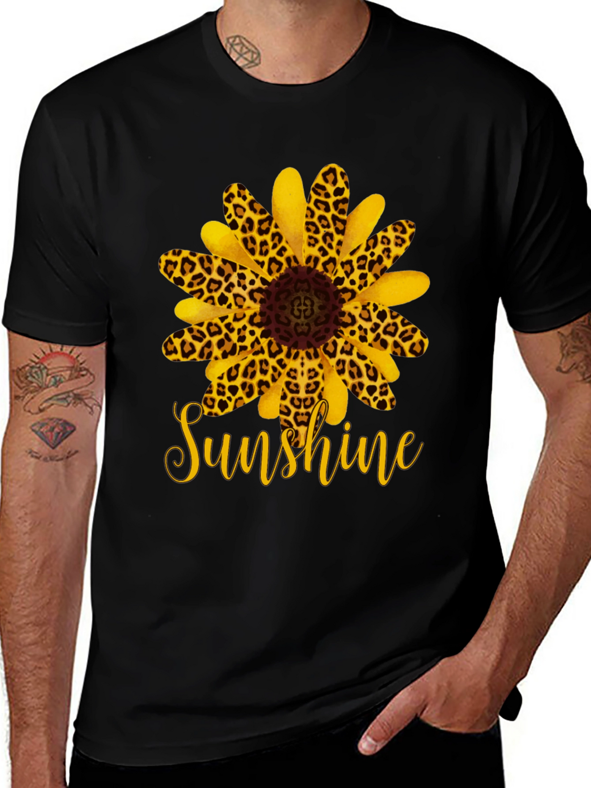 Leopard Sunflower Sunshine Black T-Shirt