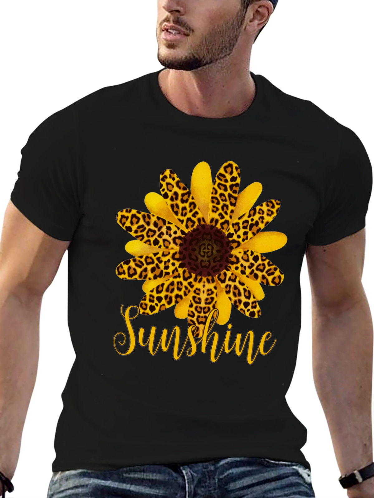 Leopard Sunflower Sunshine Black T-Shirt