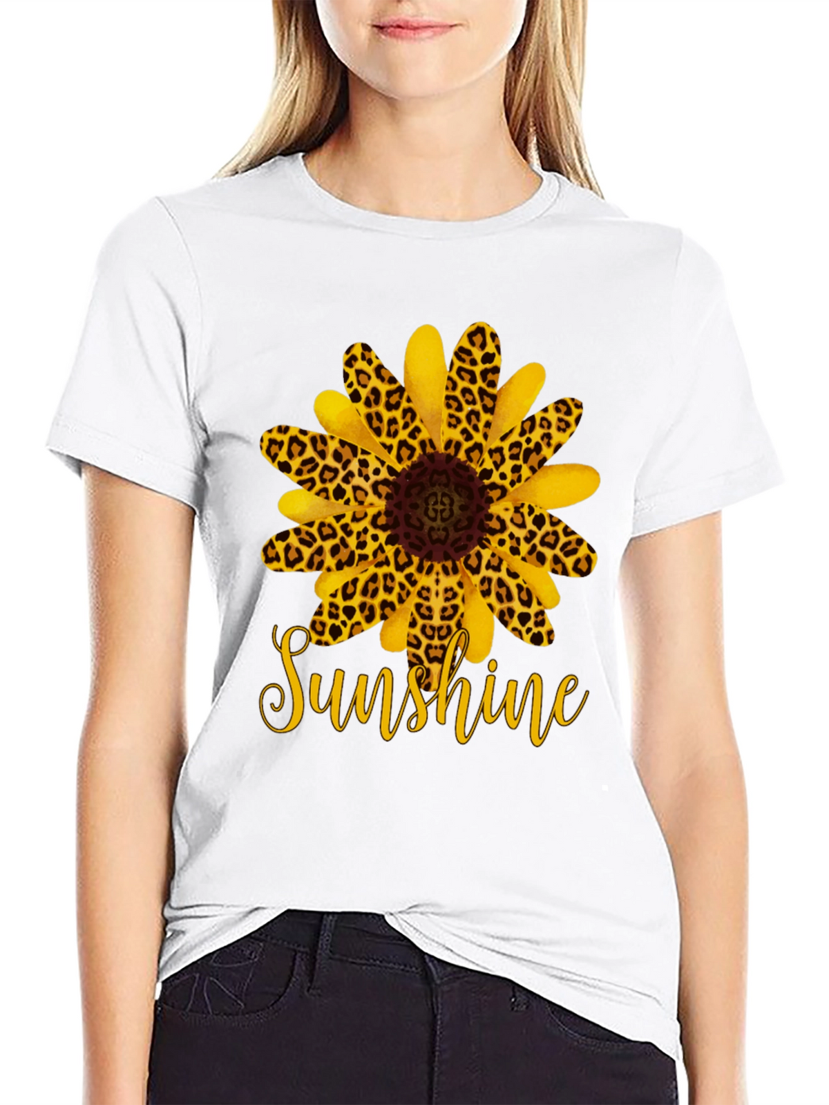 Leopard Sunflower Sunshine Black T-Shirt