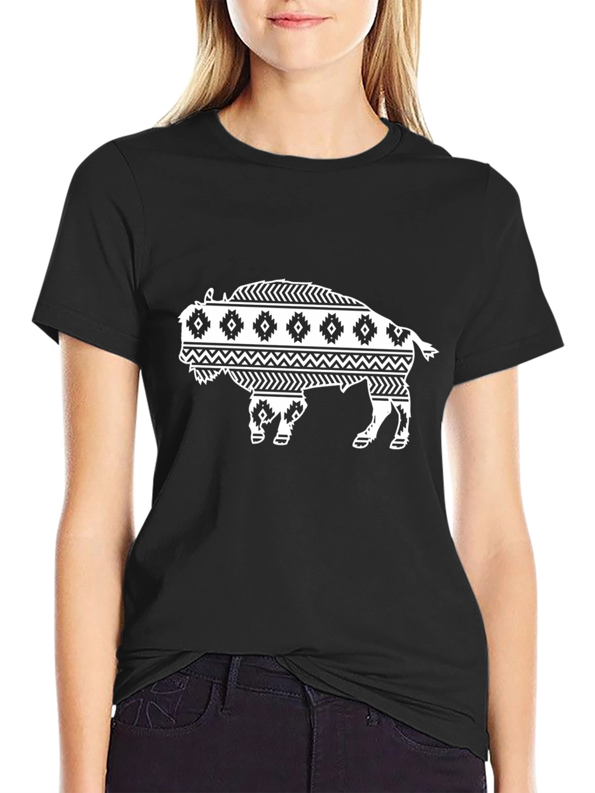 Buffalo Graphic Tee - Black Tribal Bison Design