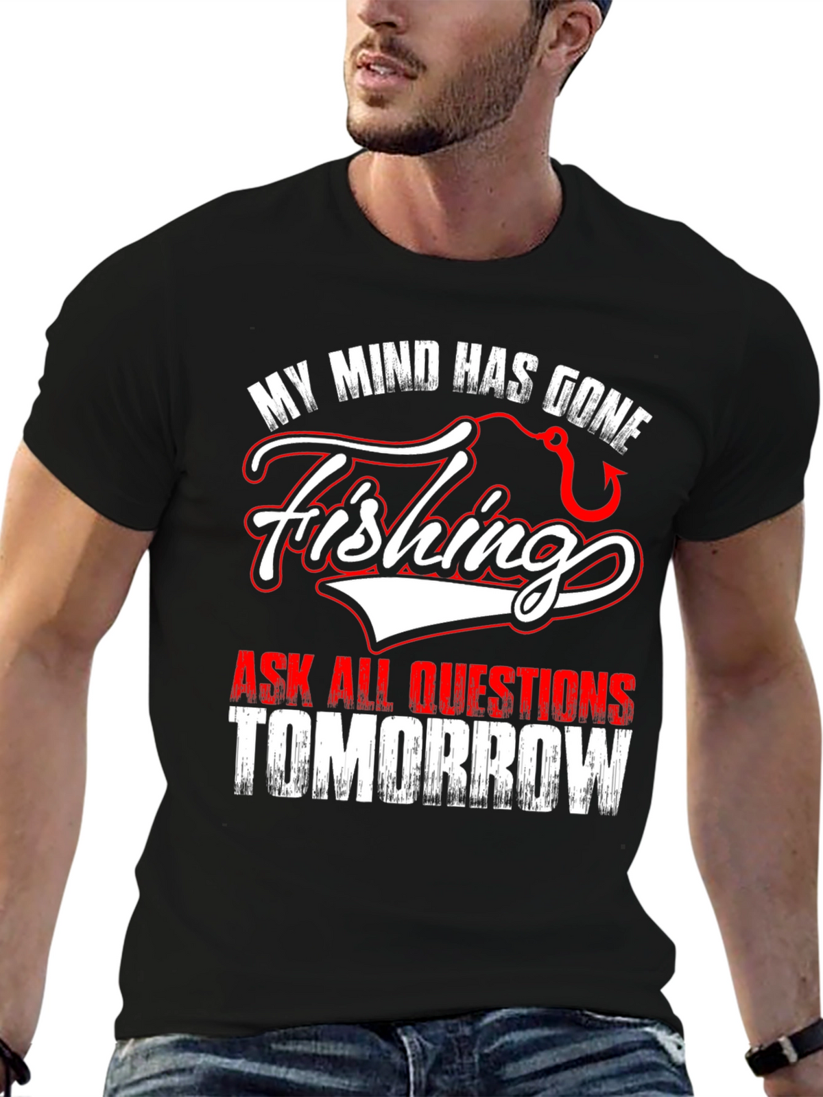 Gone Fishing Graphic Tee - Mens Black Cotton T-Shirt