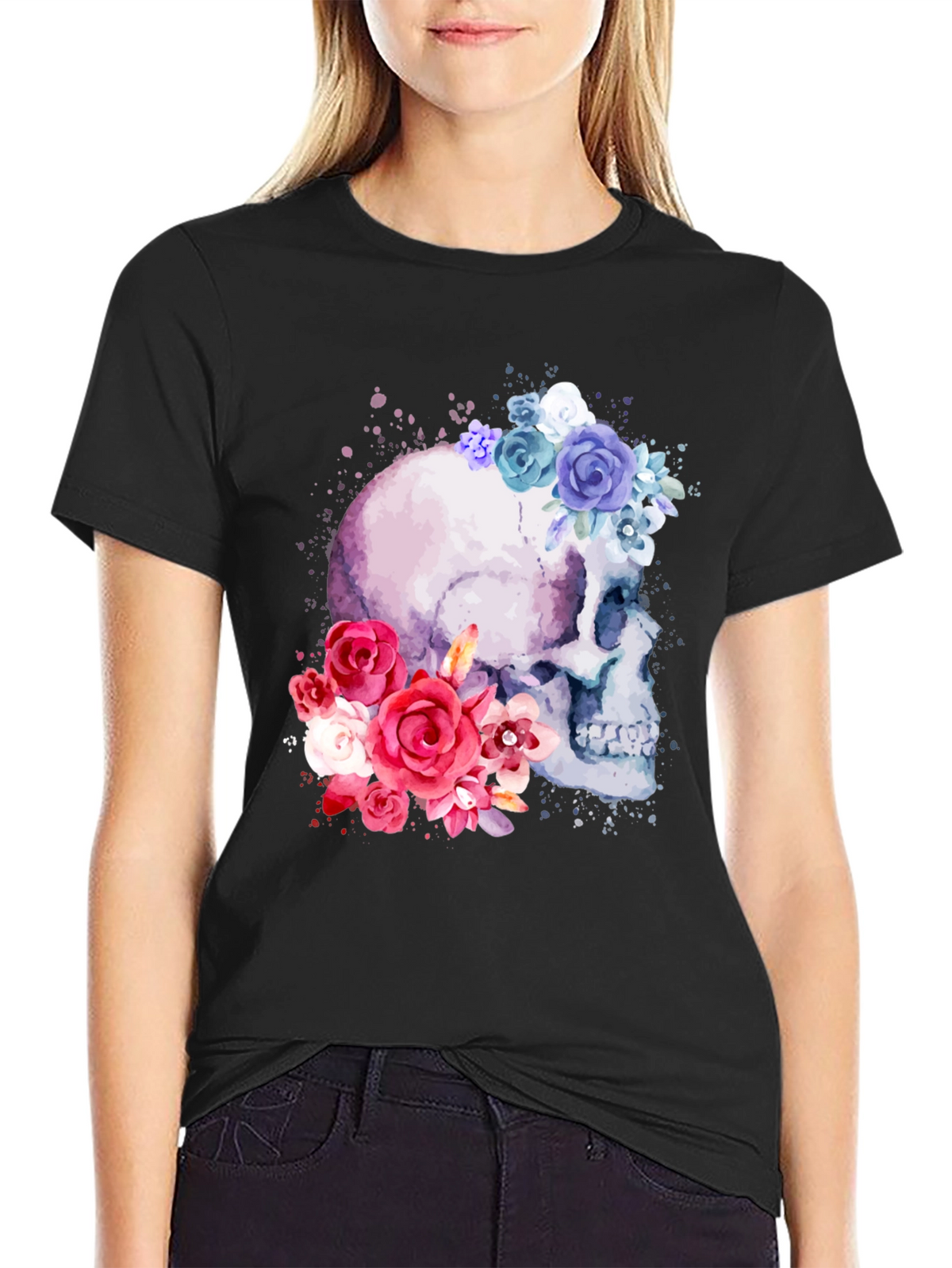 Floral Skull Graphic Tee - Mens Black T-Shirt