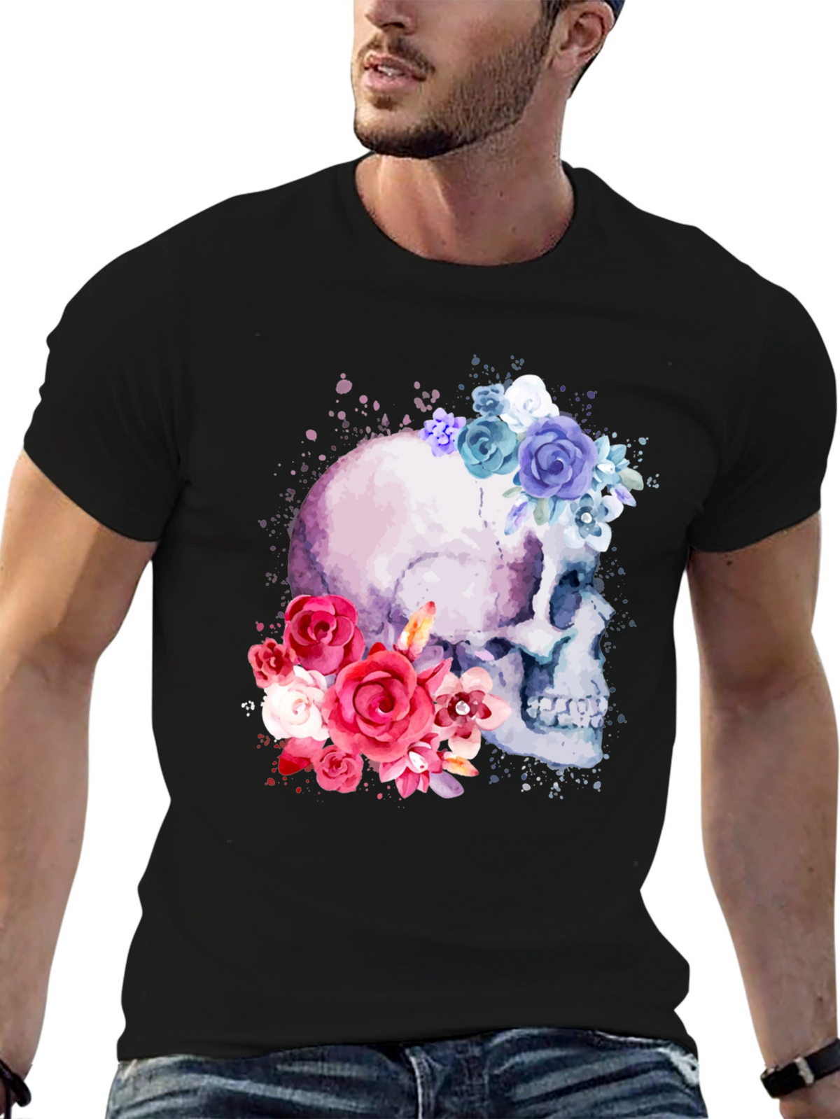 Floral Skull Graphic Tee - Mens Black T-Shirt