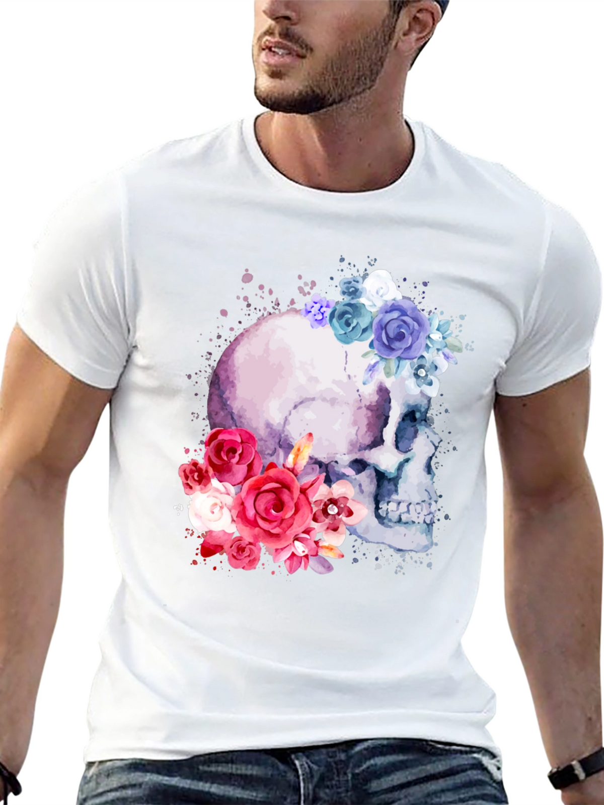 Floral Skull Graphic Tee - Mens Black T-Shirt