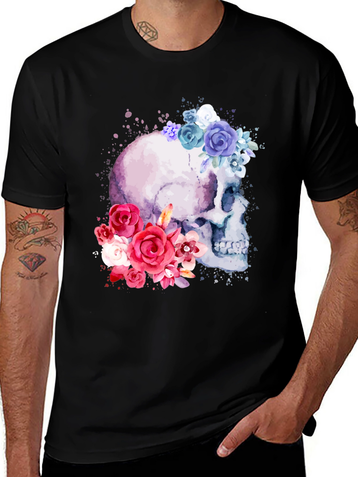 Floral Skull Graphic Tee - Mens Black T-Shirt