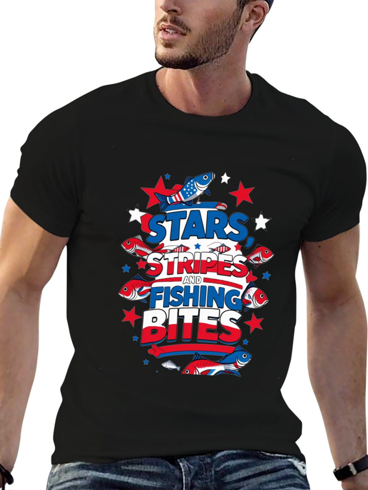 Stars Stripes Fishing Bites Patriotic Tee