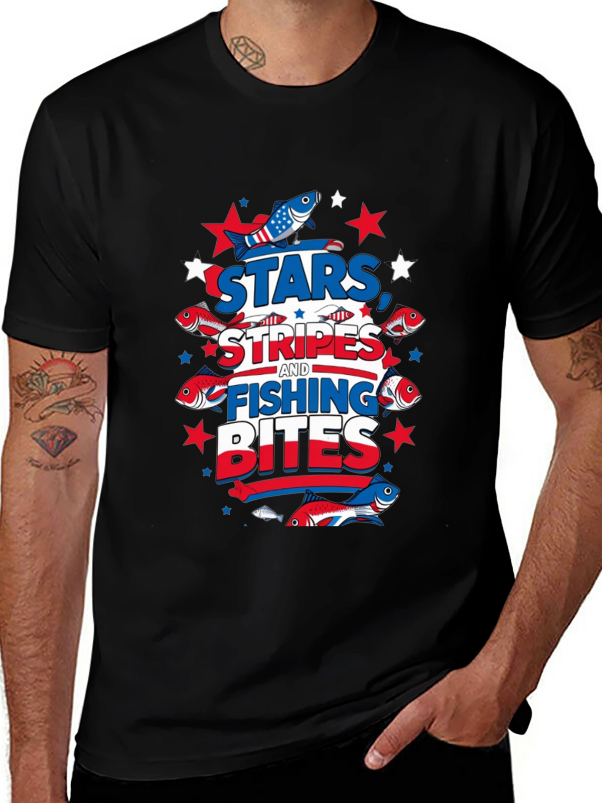 Stars Stripes Fishing Bites Patriotic Tee