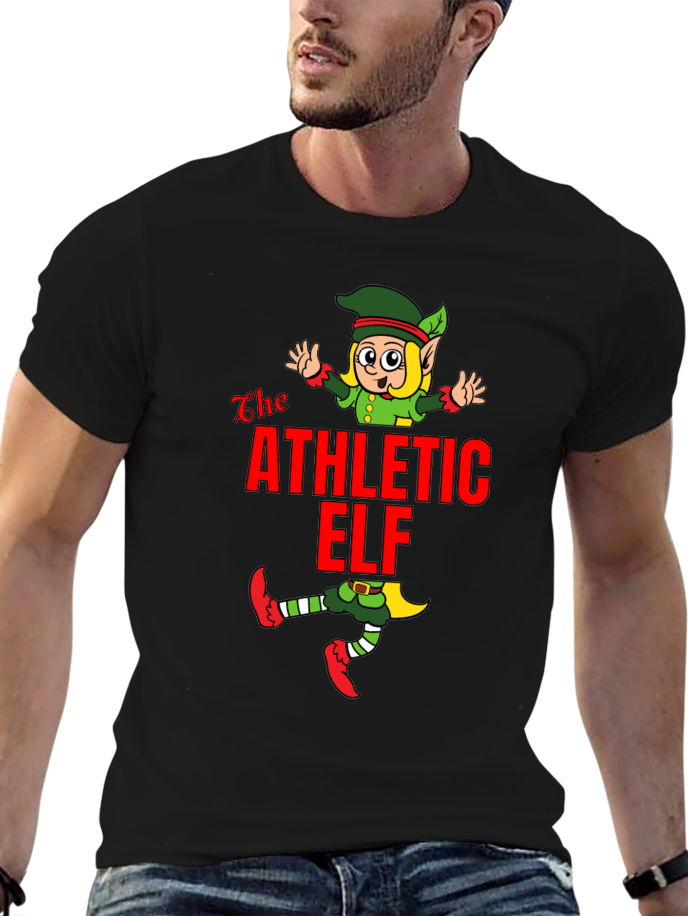 Athletic Elf Graphic Tee - Black Cotton T-Shirt