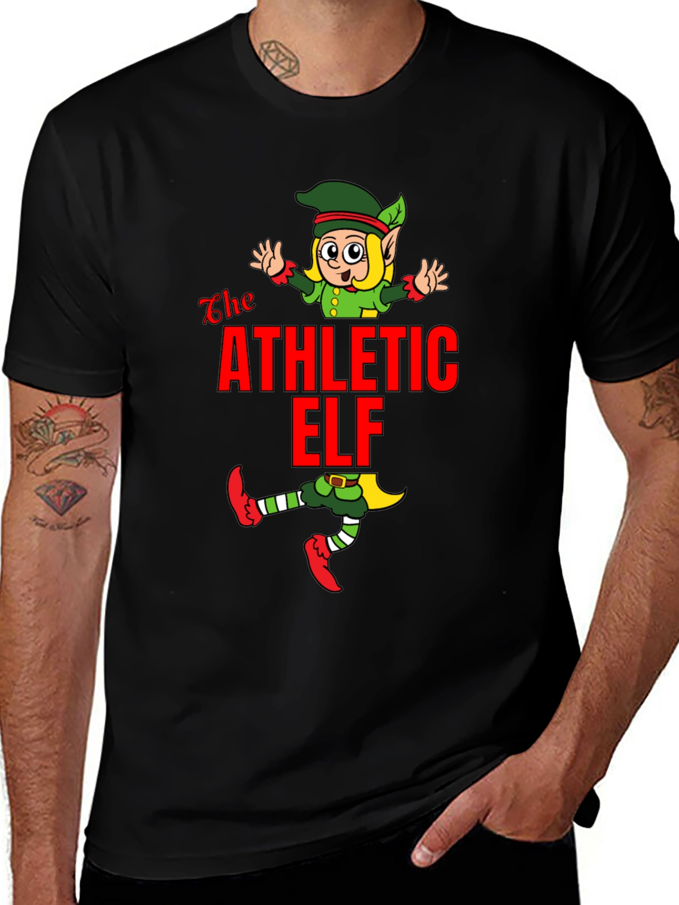 Athletic Elf Graphic Tee - Black Cotton T-Shirt