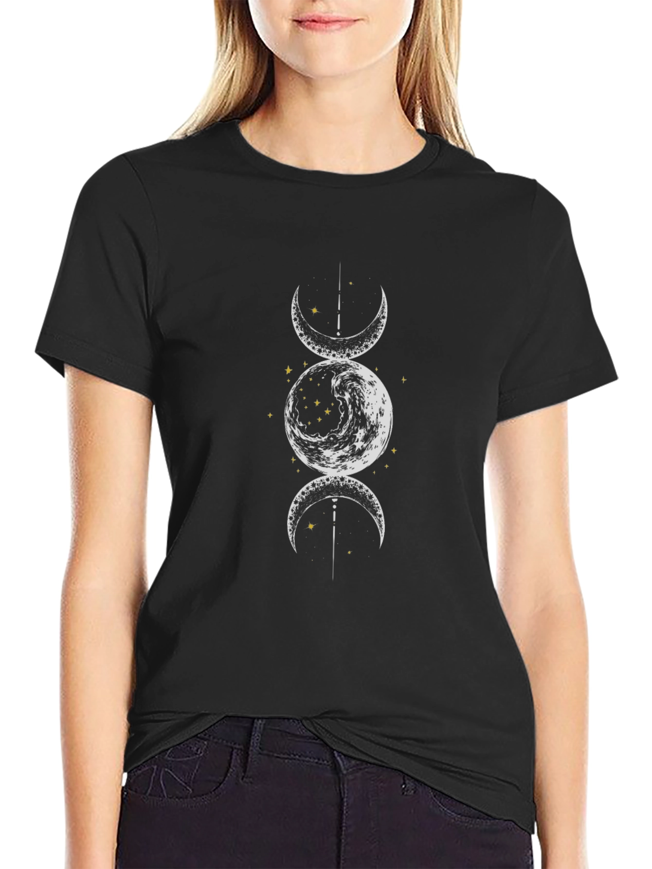 Triple Moon Goddess Graphic Tee - Black Cotton T-Shirt