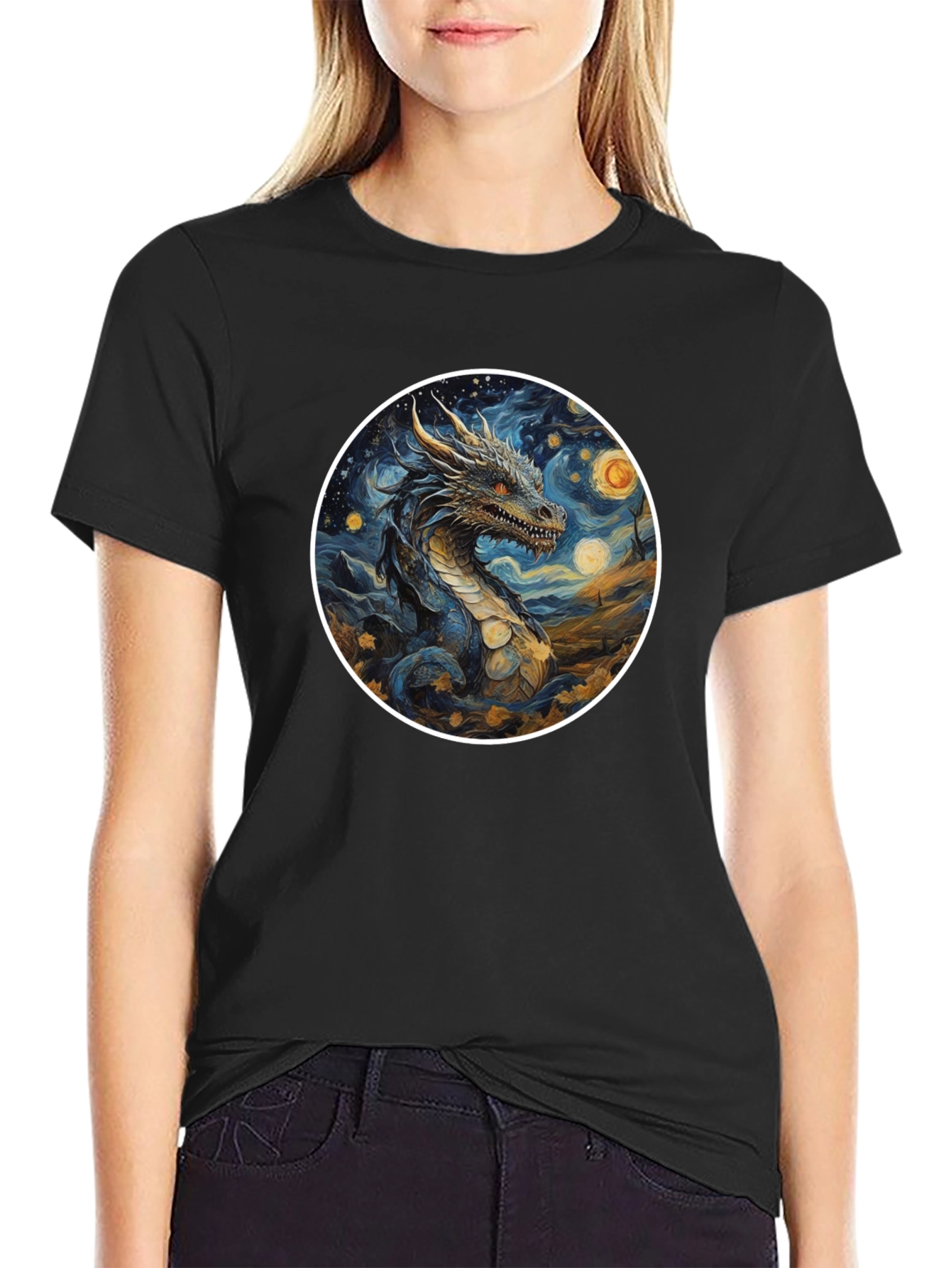 Dragon Starry Night Graphic Tee - Black