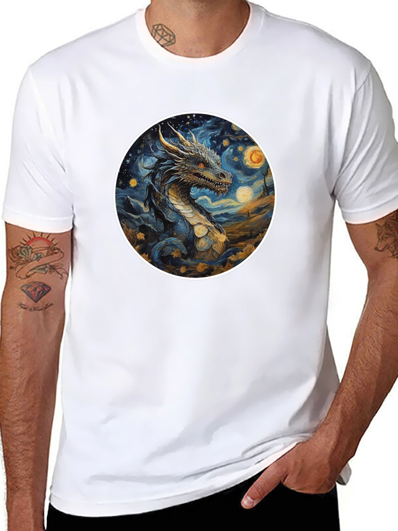 Dragon Starry Night Graphic Tee - Black