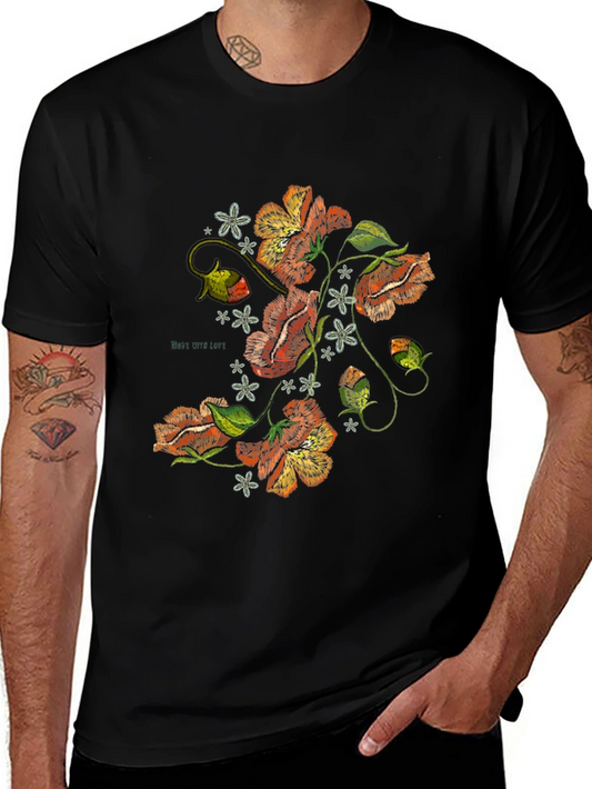 Floral Embroidered Graphic Black T-Shirt