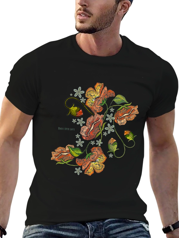 Floral Embroidered Graphic Black T-Shirt