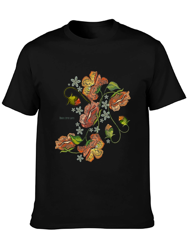 Floral Embroidered Graphic Black T-Shirt