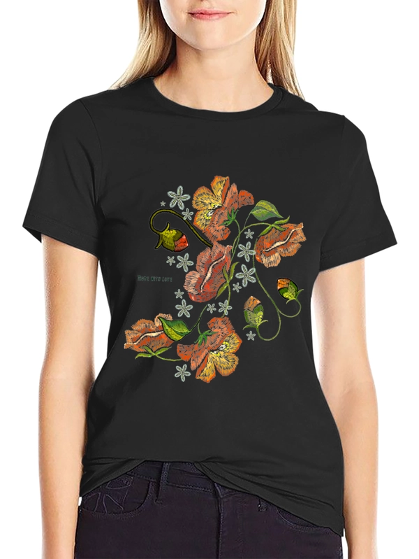 Floral Embroidered Graphic Black T-Shirt