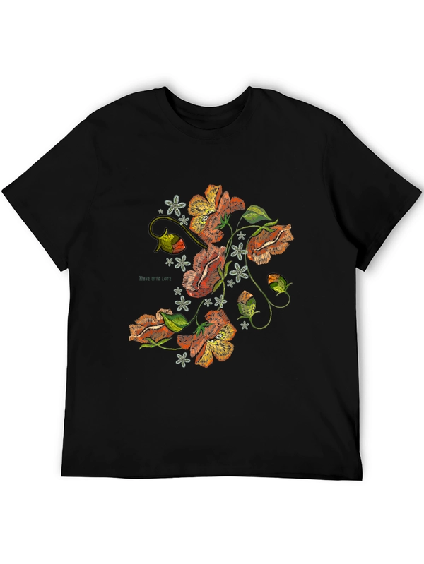 Floral Embroidered Graphic Black T-Shirt