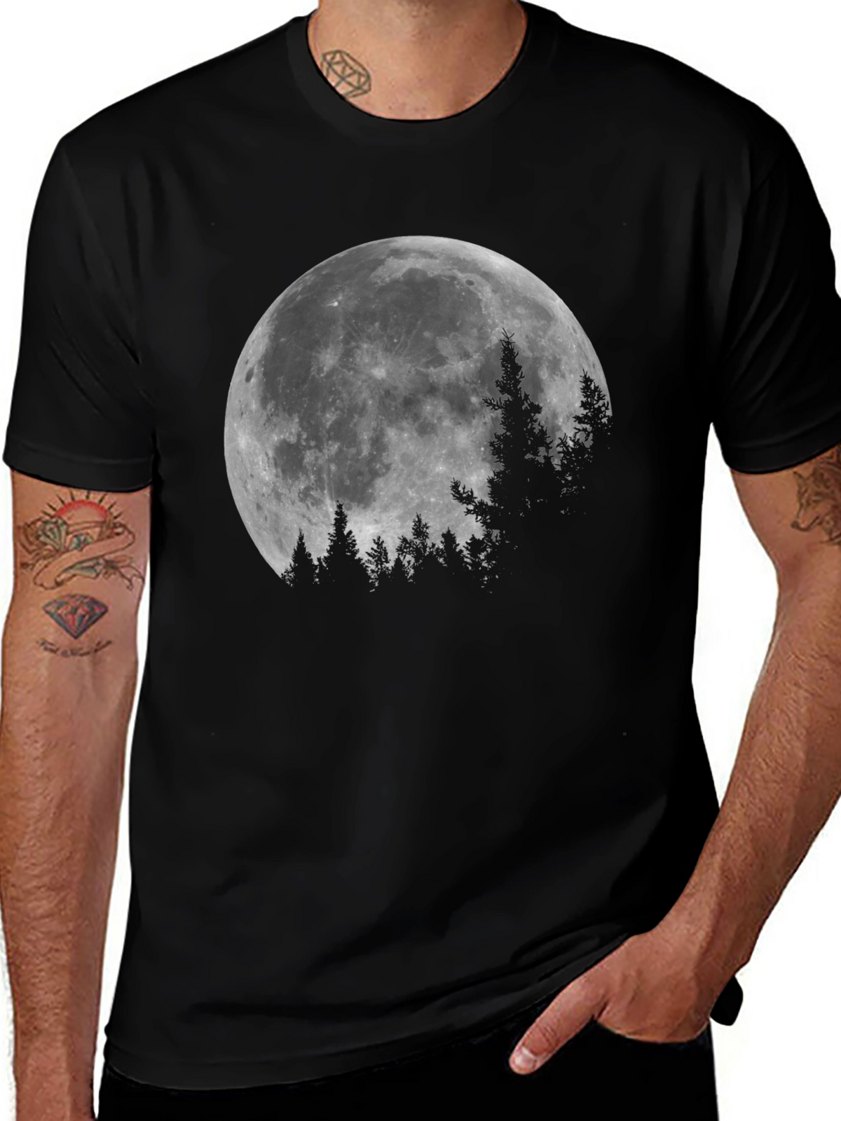 Moonlit Forest Graphic Tee - Black Cotton T-Shirt