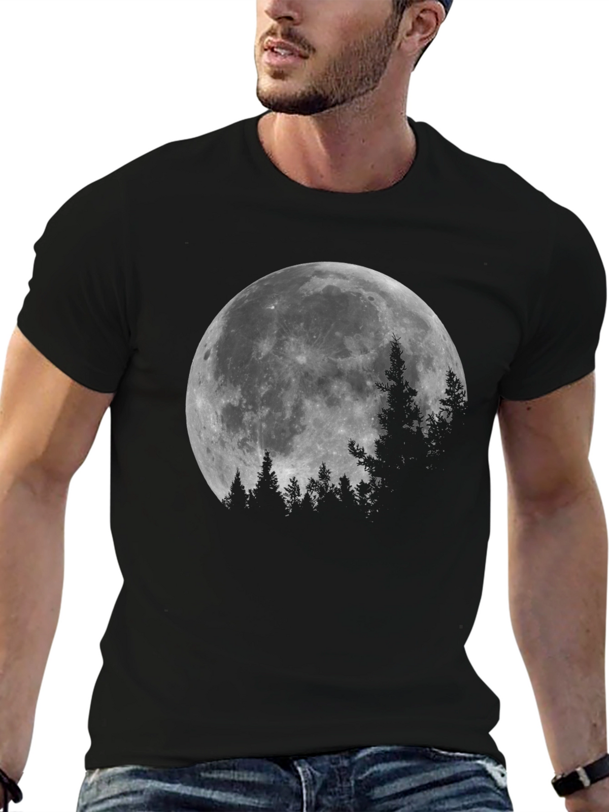 Moonlit Forest Graphic Tee - Black Cotton T-Shirt