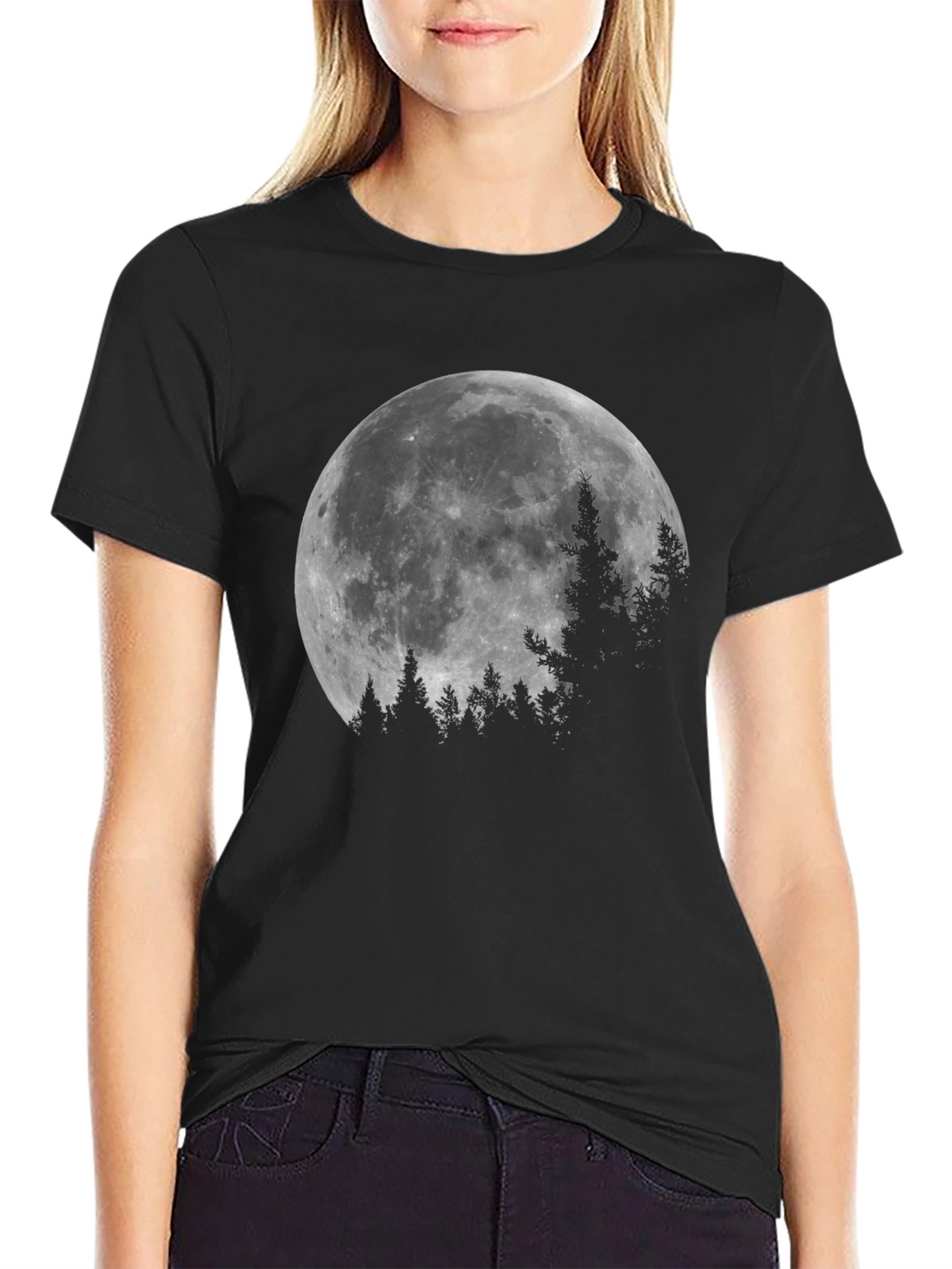 Moonlit Forest Graphic Tee - Black Cotton T-Shirt