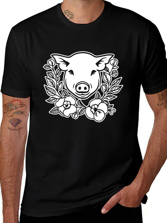 Pig Floral Graphic Tee - Black Cotton T-Shirt