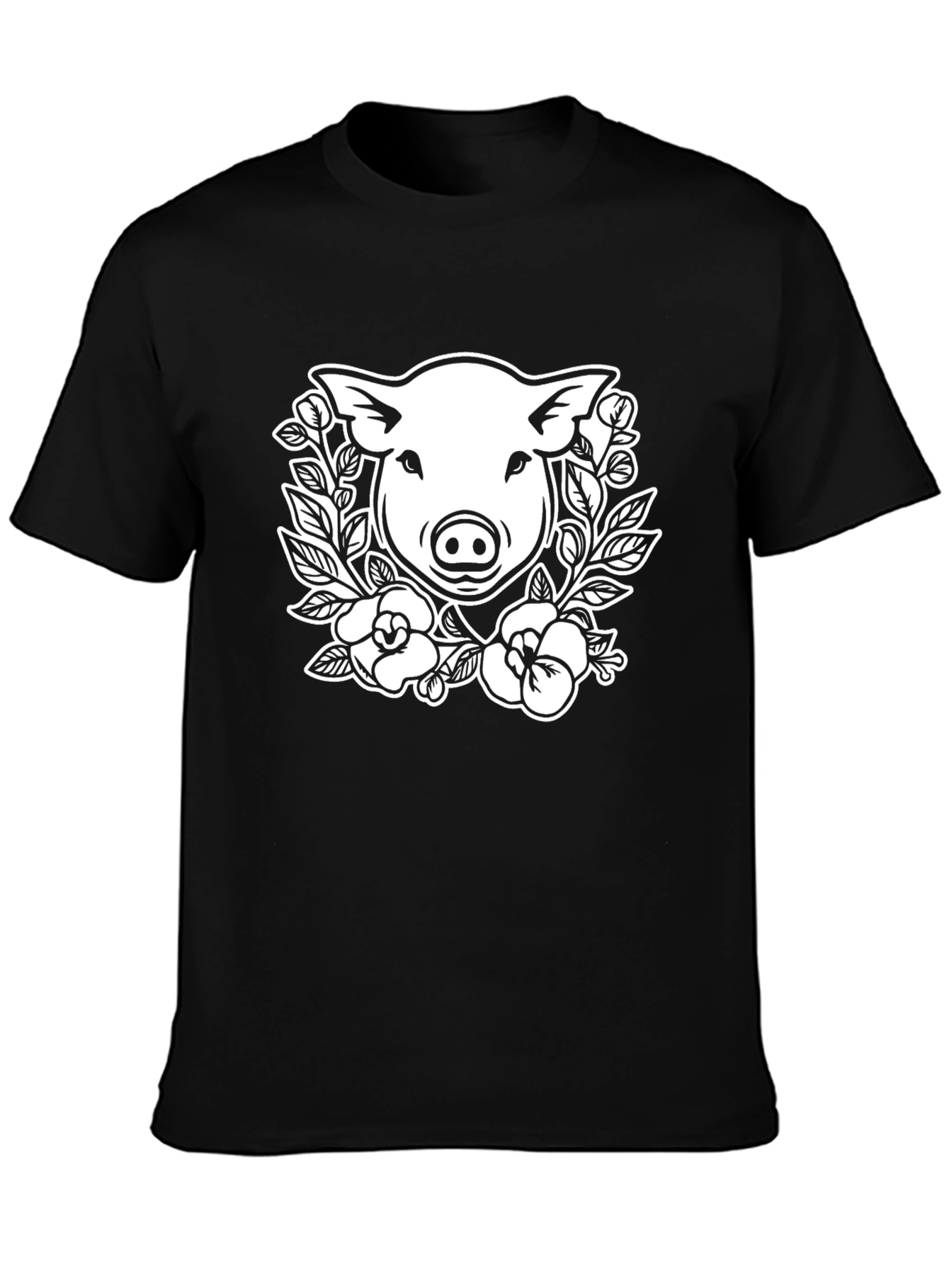 Pig Floral Graphic Tee - Black Cotton T-Shirt