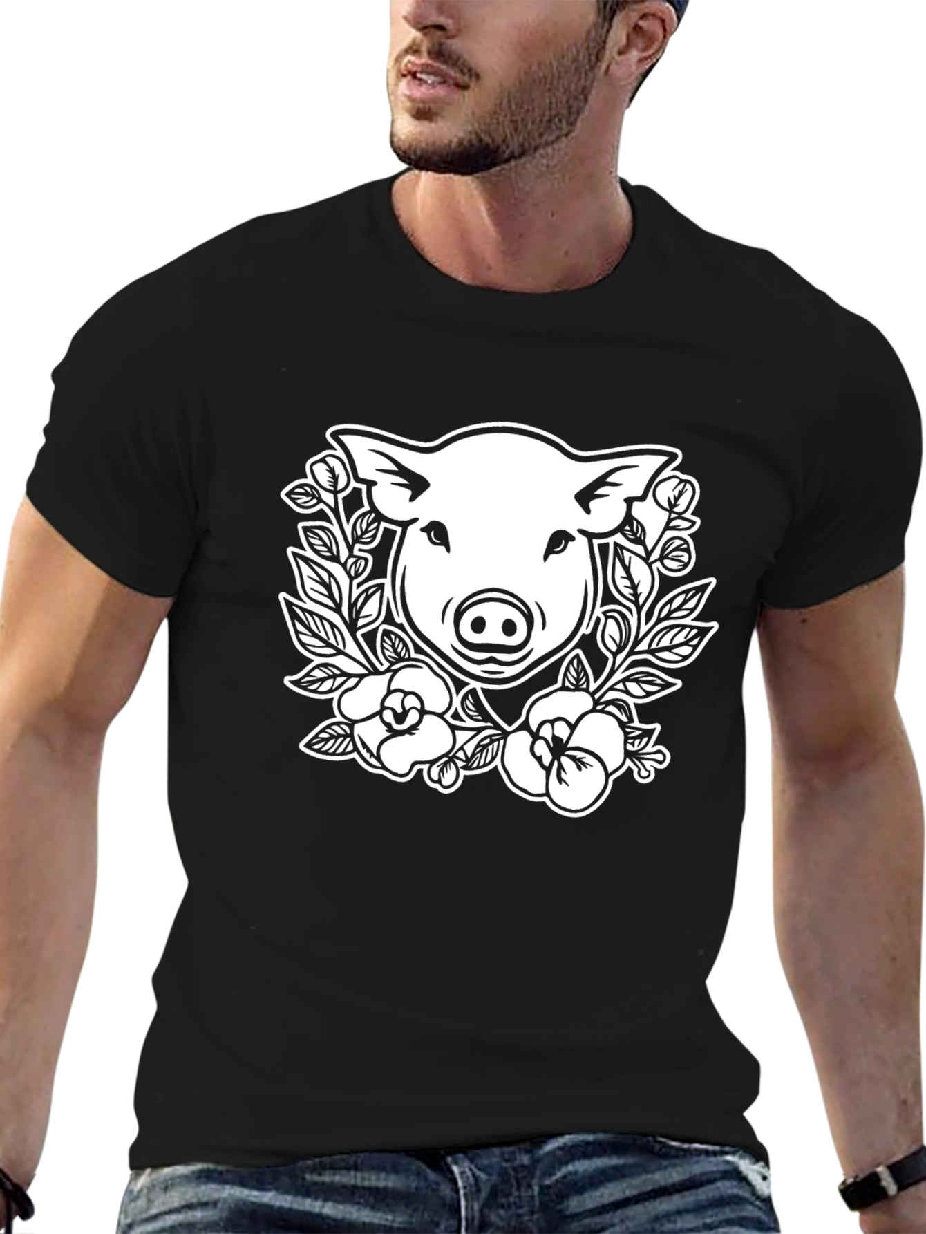 Pig Floral Graphic Tee - Black Cotton T-Shirt