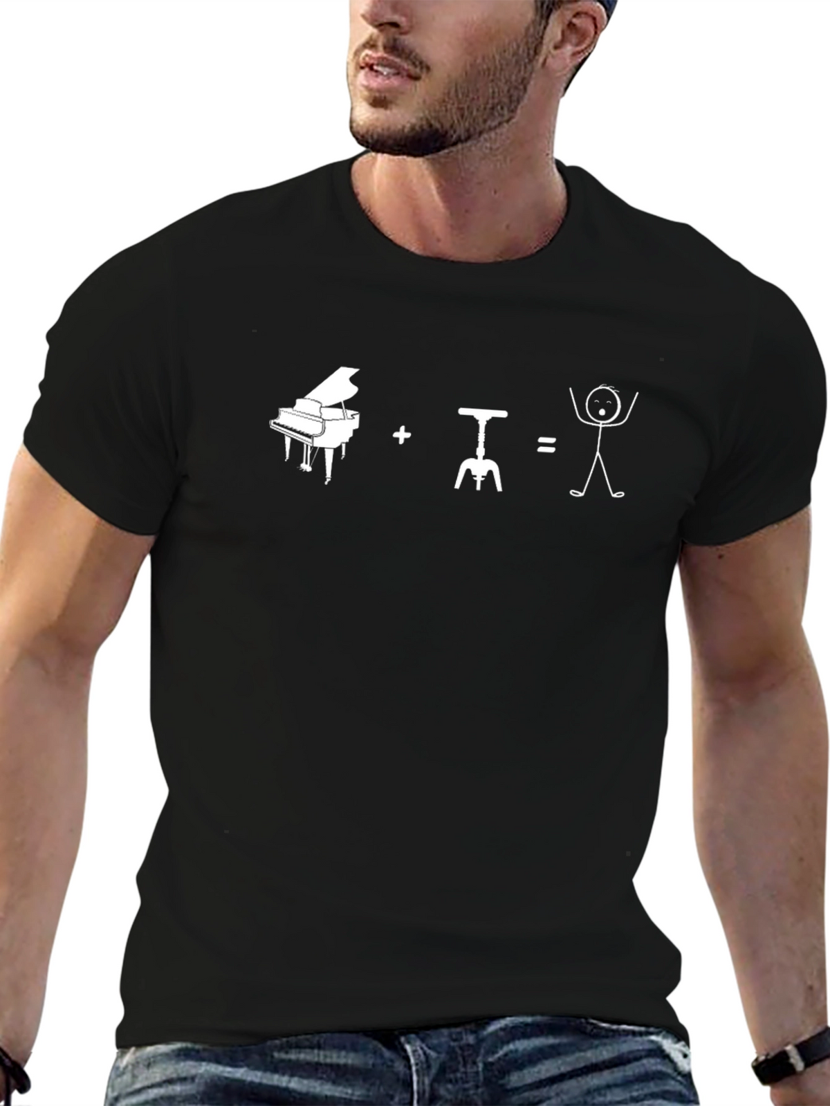 Funny Piano Wine Equals Stick Figure Graphic T-Shirt