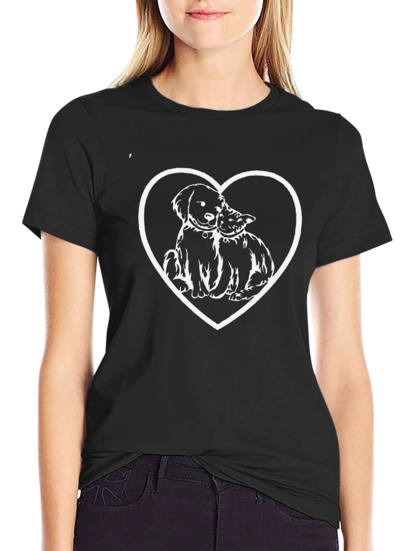 Dog & Cat Heart Graphic T-Shirt - Black