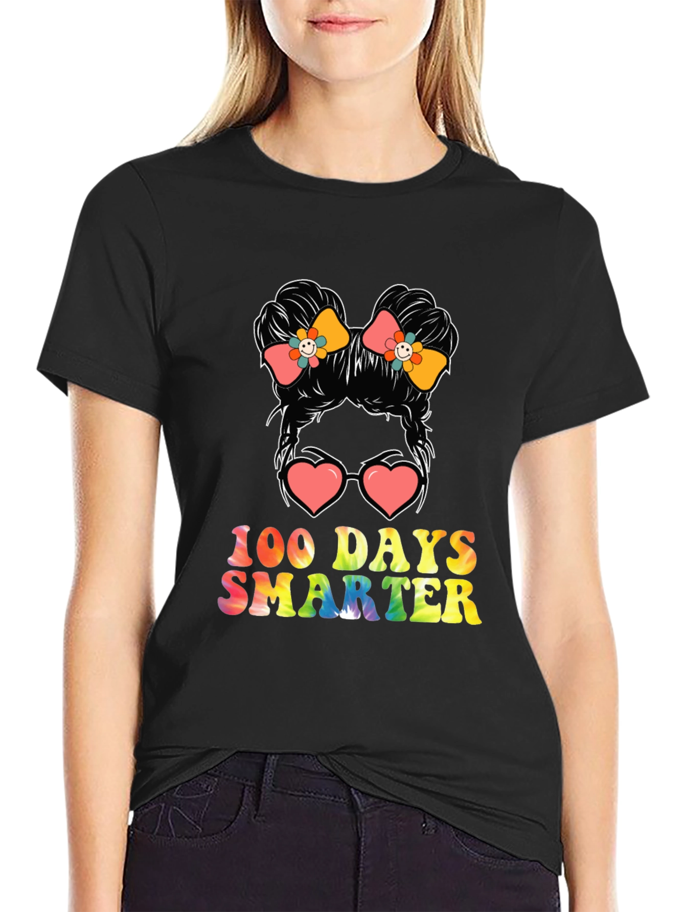 100 Days Smarter Messy Bun Teacher T-Shirt