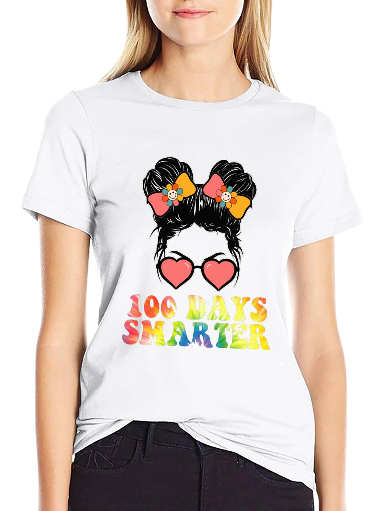 100 Days Smarter Messy Bun Teacher T-Shirt