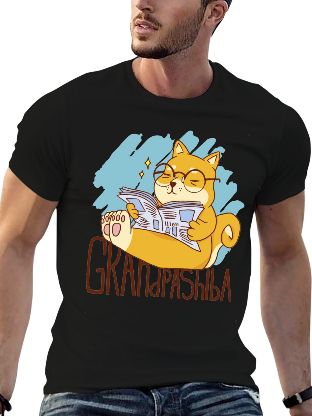 Grandpa Shiba Inu Reading Newspaper Graphic T-Shirt