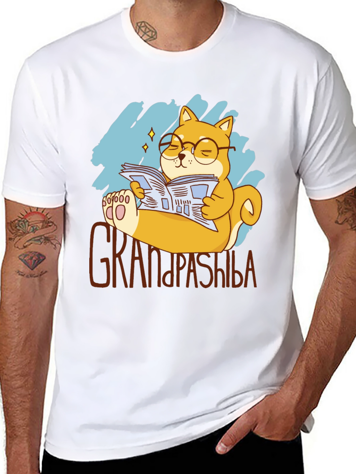 Grandpa Shiba Inu Reading Newspaper Graphic T-Shirt