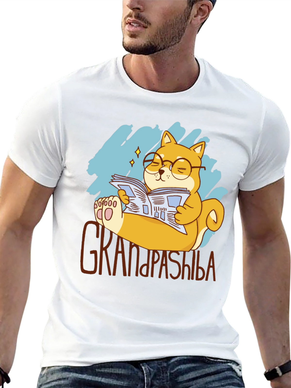 Grandpa Shiba Inu Reading Newspaper Graphic T-Shirt
