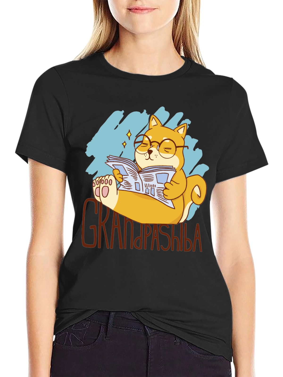 Grandpa Shiba Inu Reading Newspaper Graphic T-Shirt