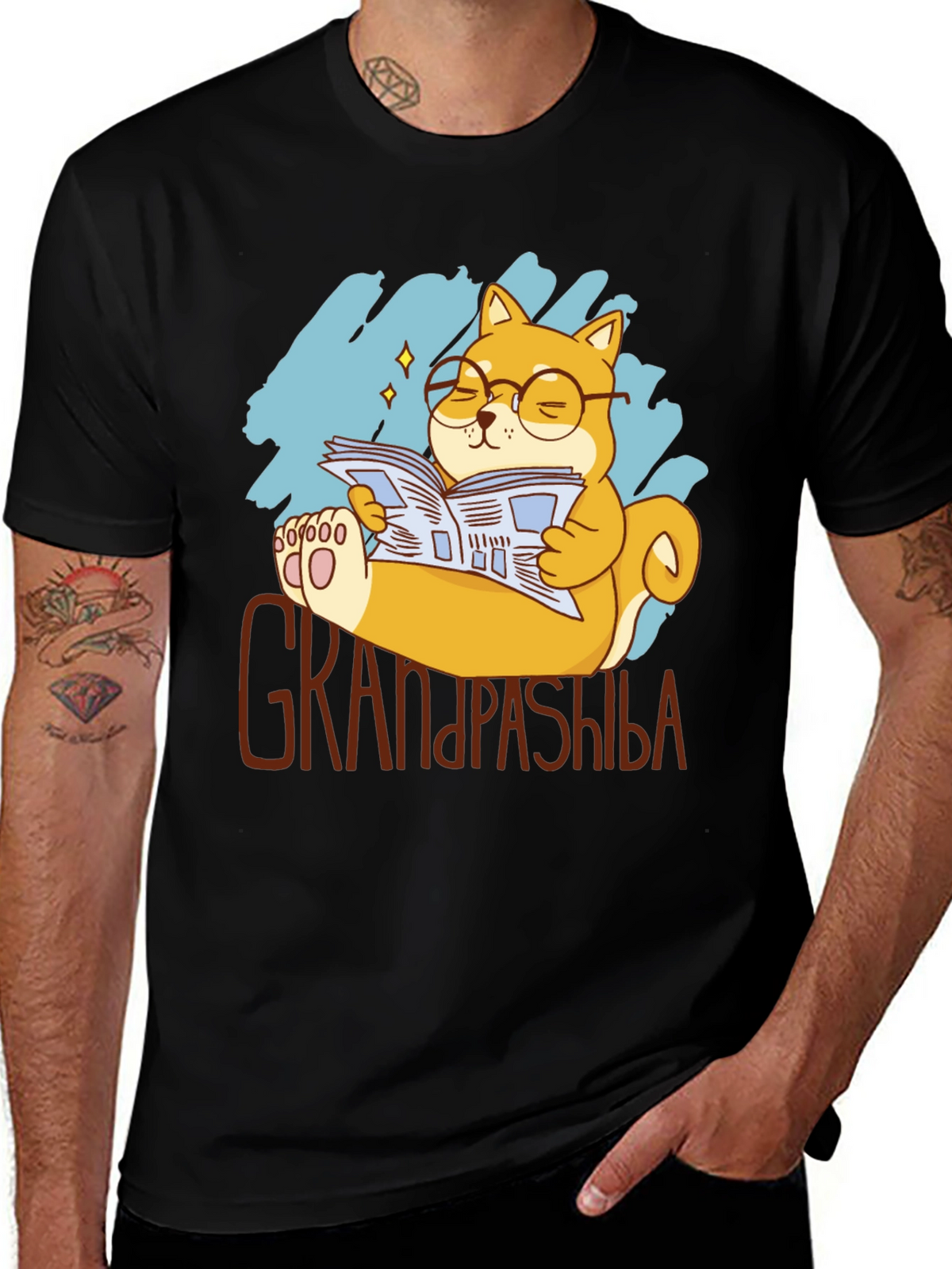 Grandpa Shiba Inu Reading Newspaper Graphic T-Shirt