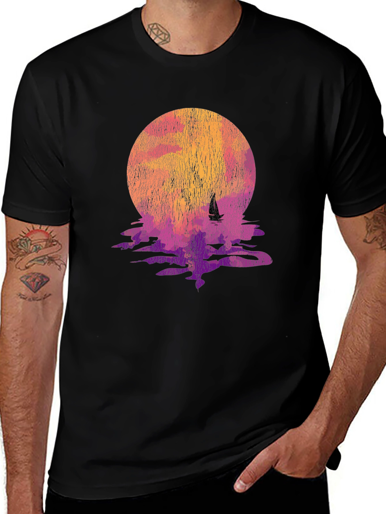 Sunset Sailboat Graphic Tee - Black