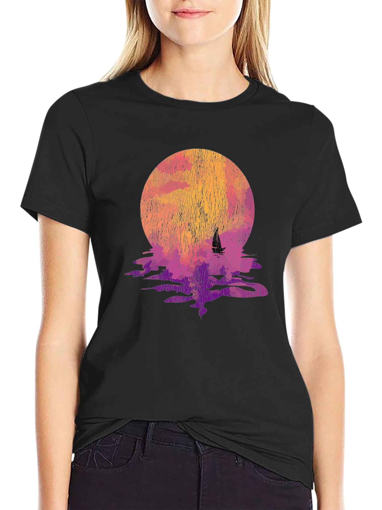 Sunset Sailboat Graphic Tee - Black