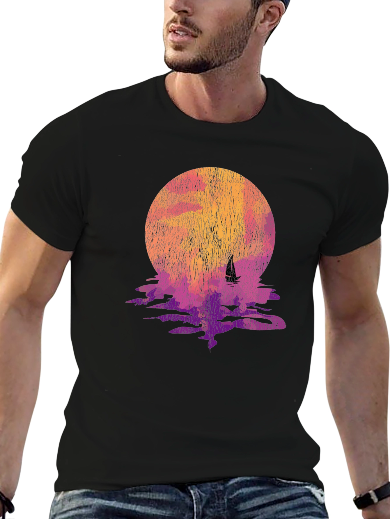 Sunset Sailboat Graphic Tee - Black