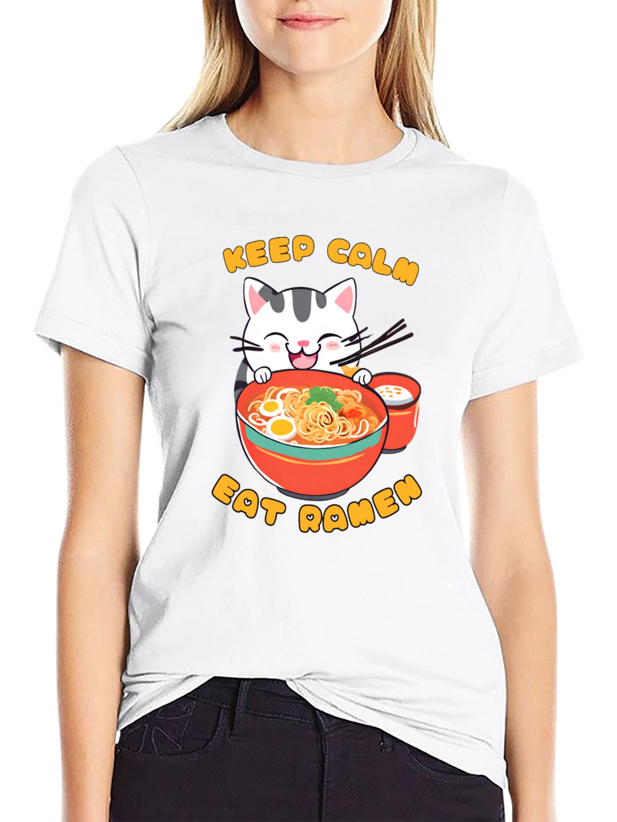 Keep Calm Eat Ramen Cat Graphic T-Shirt