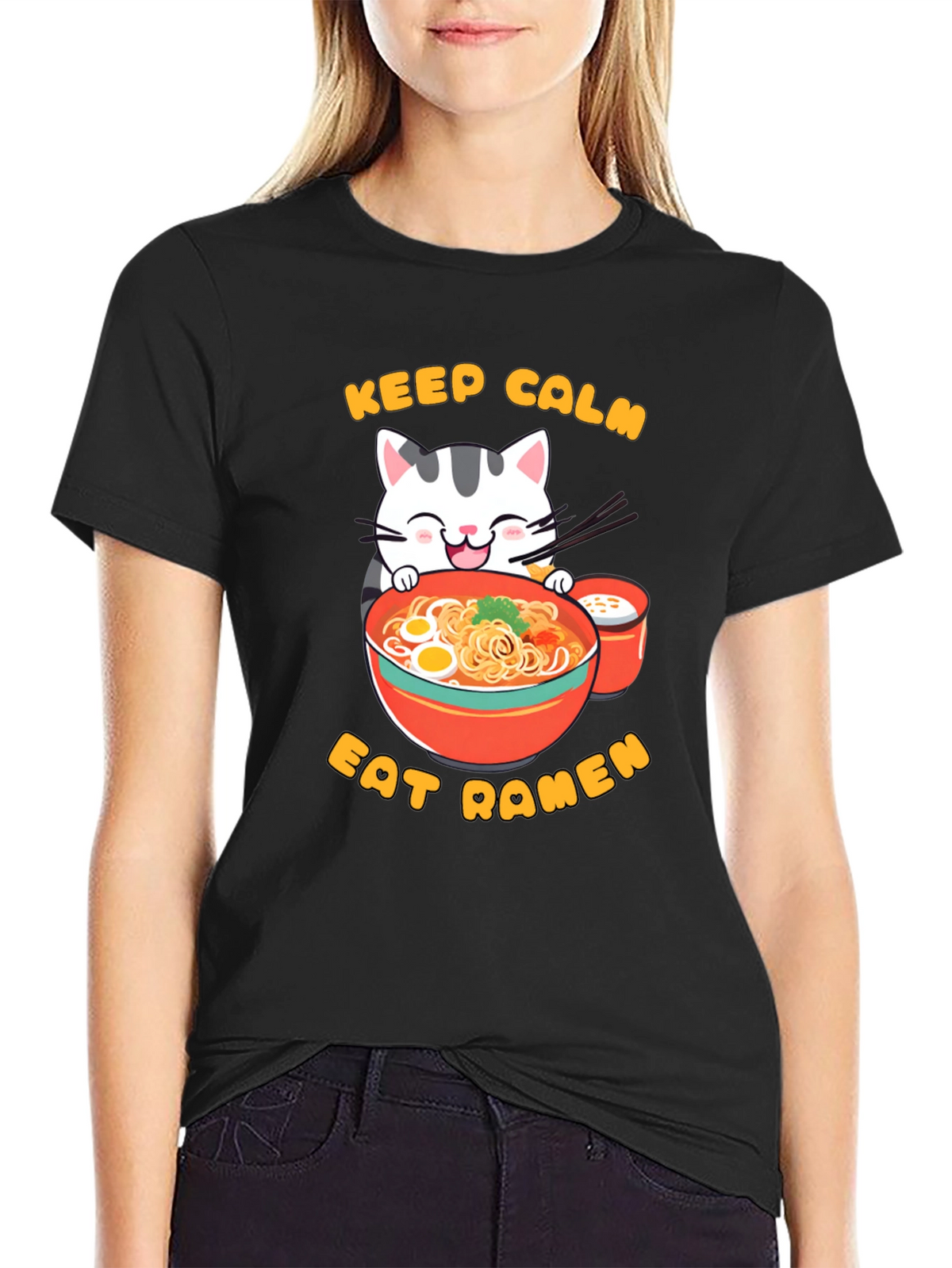 Keep Calm Eat Ramen Cat Graphic T-Shirt