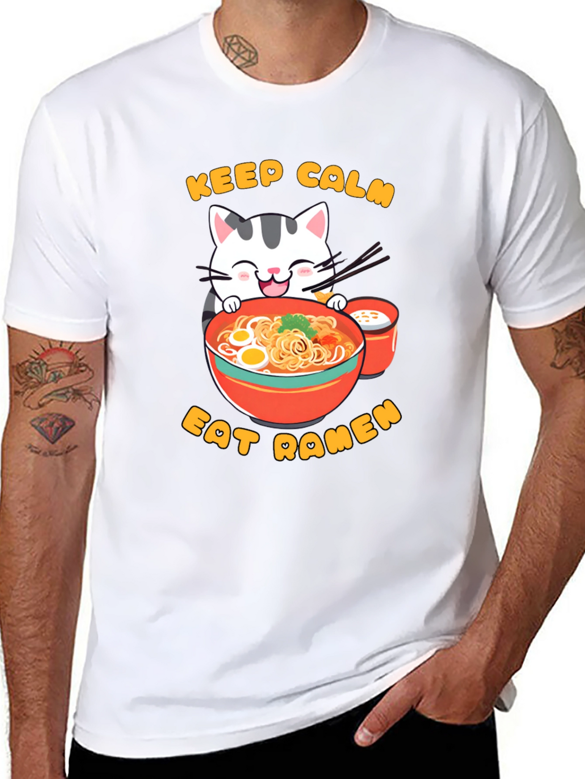 Keep Calm Eat Ramen Cat Graphic T-Shirt