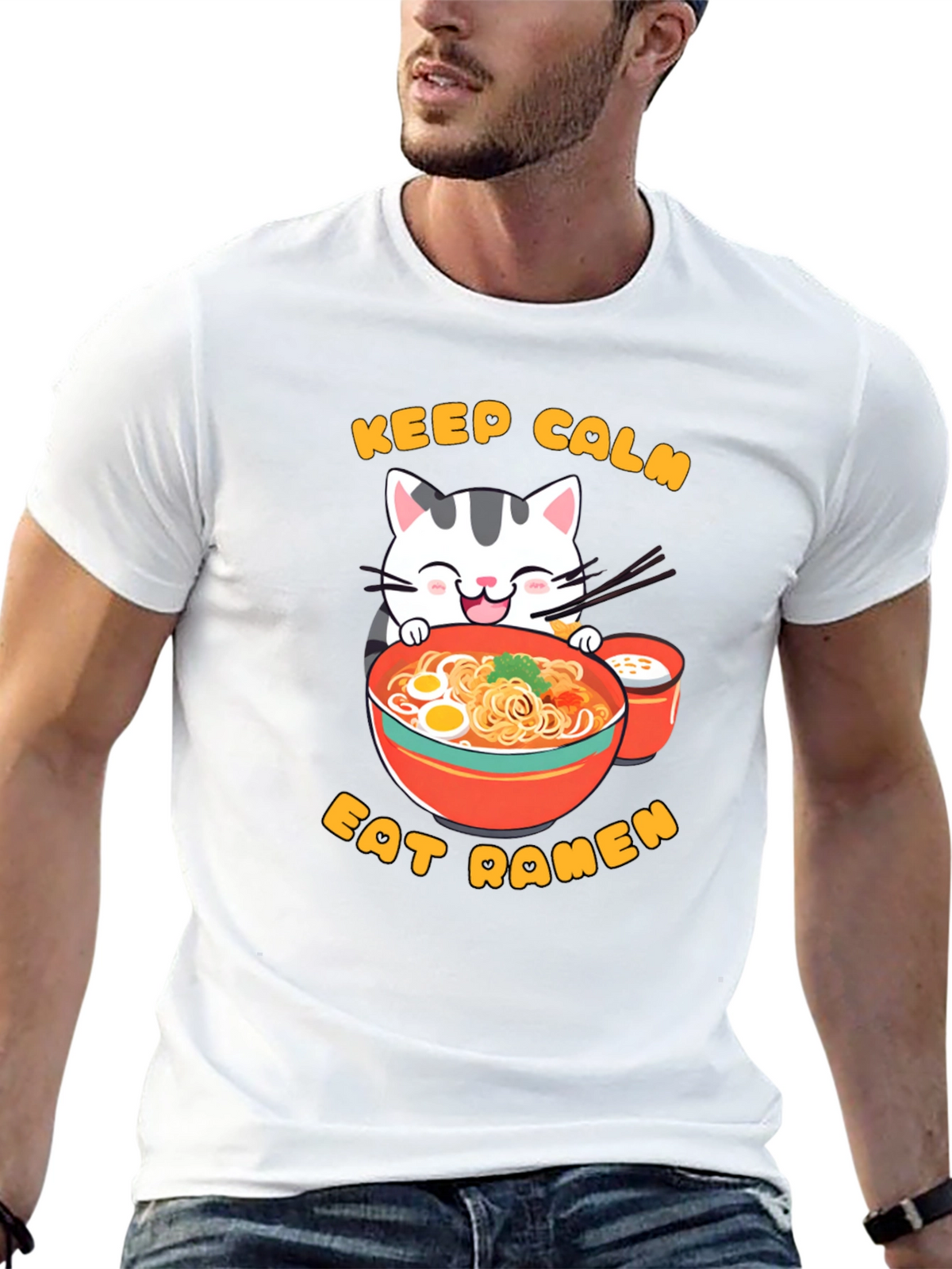 Keep Calm Eat Ramen Cat Graphic T-Shirt