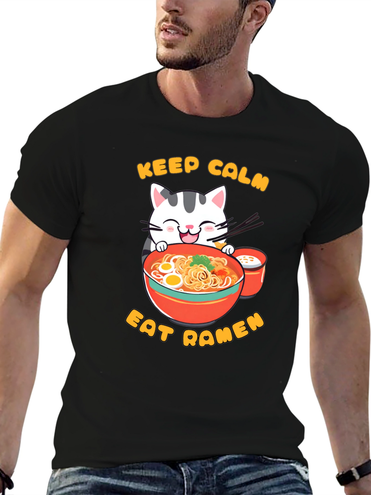 Keep Calm Eat Ramen Cat Graphic T-Shirt