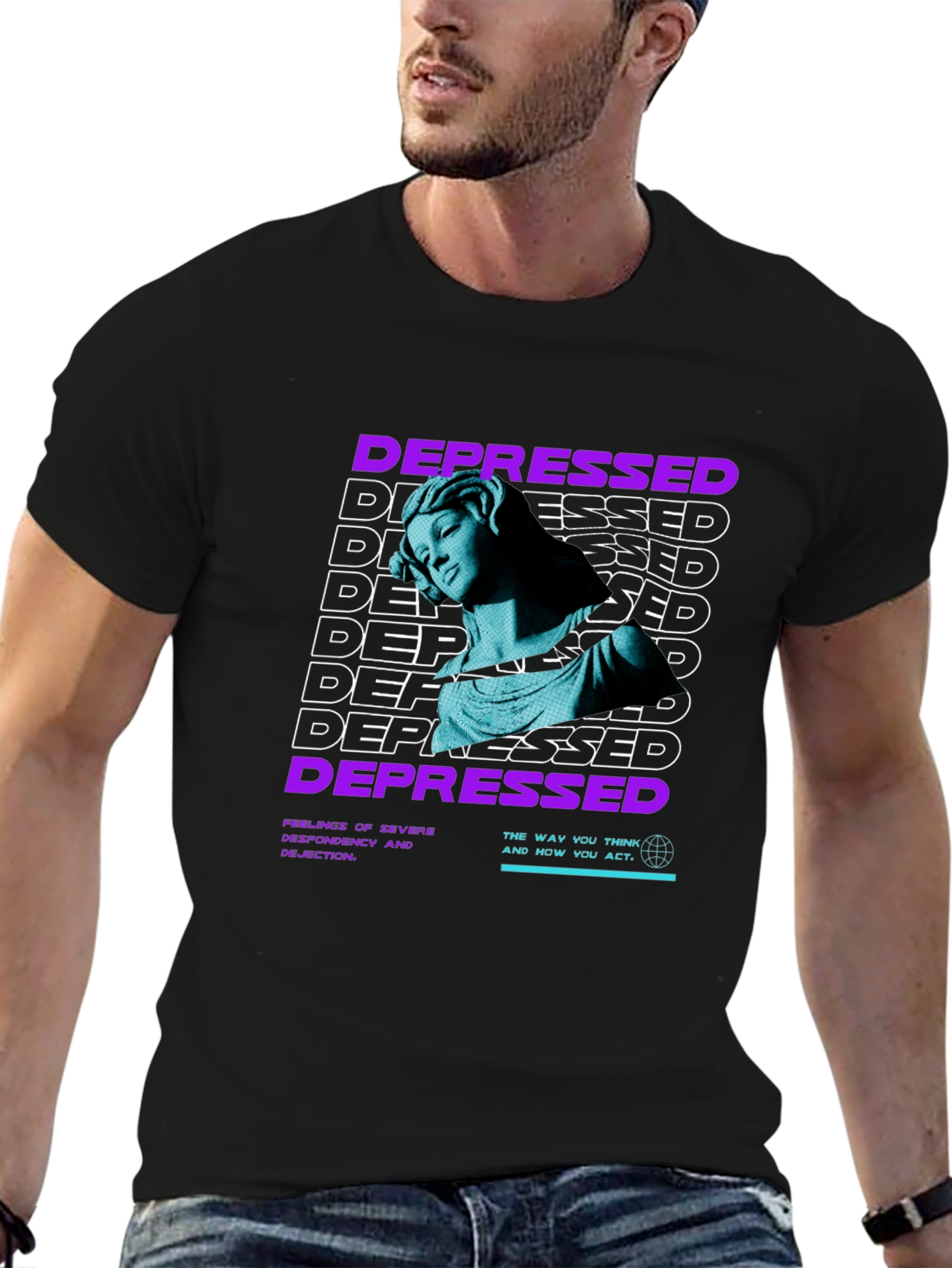 Depressed Statue Graphic Print Black T-Shirt