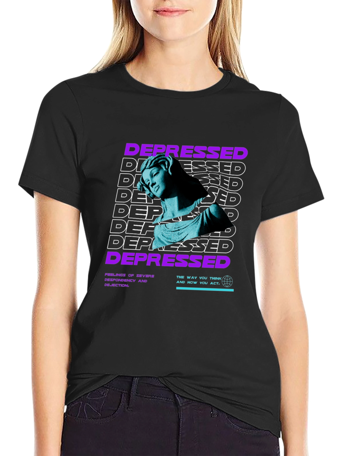 Depressed Statue Graphic Print Black T-Shirt