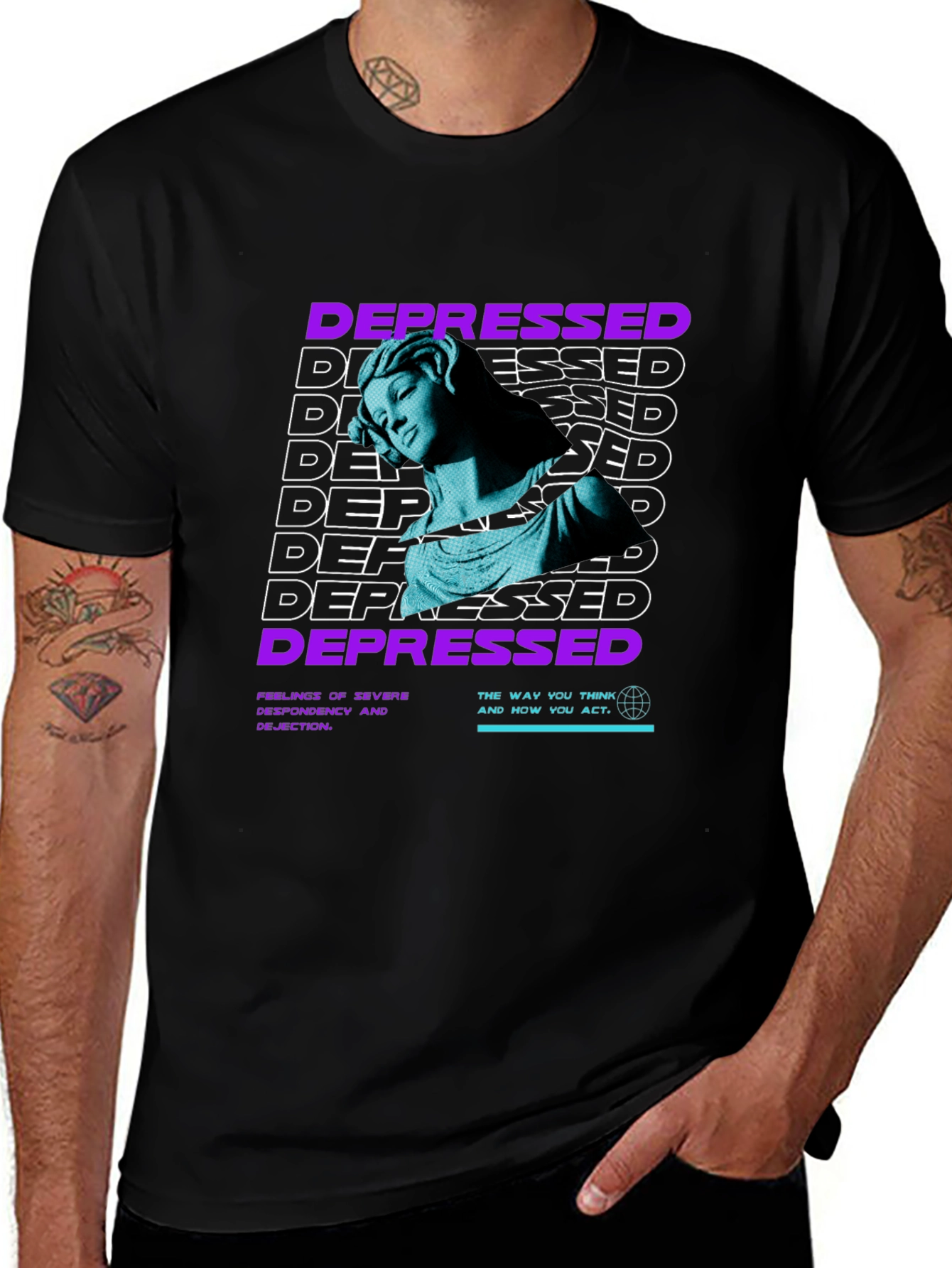 Depressed Statue Graphic Print Black T-Shirt