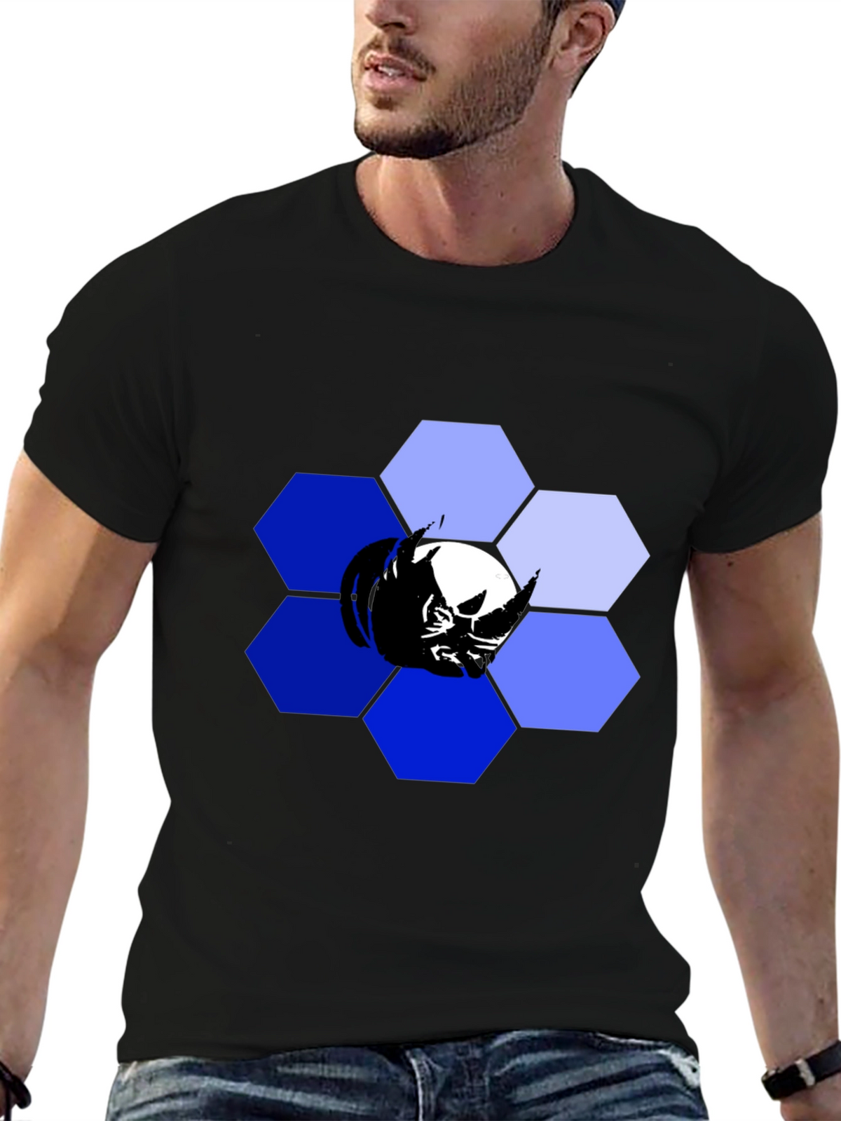Hexagon Rhino Graphic Tee - Modern Mens Black T-Shirt